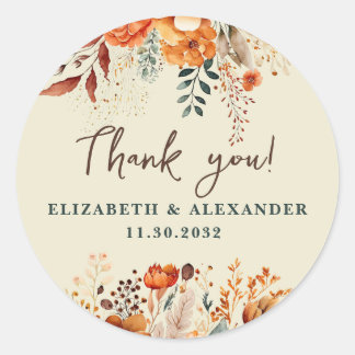 Autumnal names and wedding date floral thank you classic round sticker