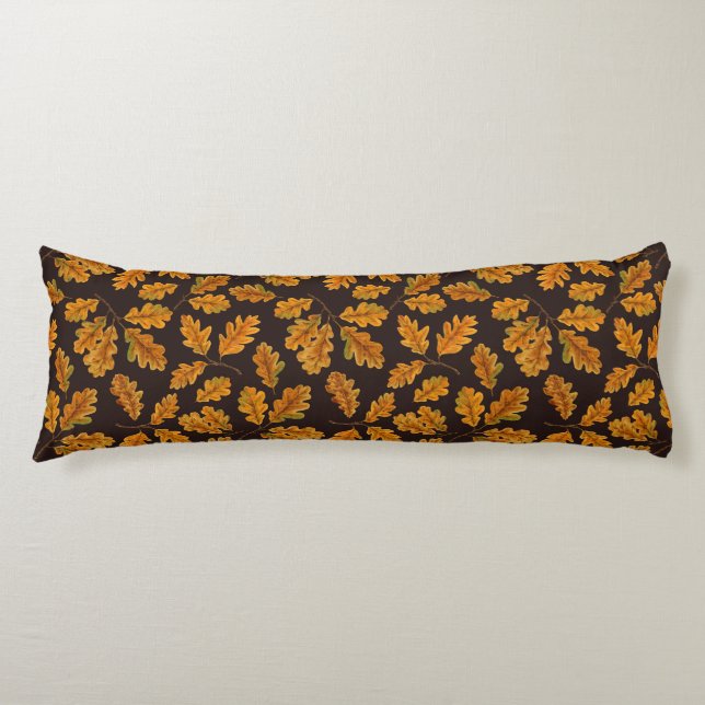 Autumnal oak leaves on dark brown body pillow (Front)
