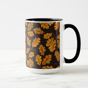 Autumnal oak leaves on dark brown mug