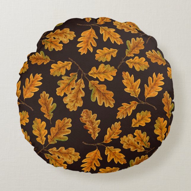 Autumnal oak leaves on dark brown round pillow (Front)