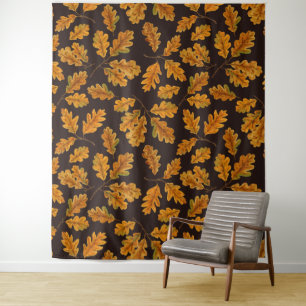 Autumnal oak leaves on dark brown tapestry