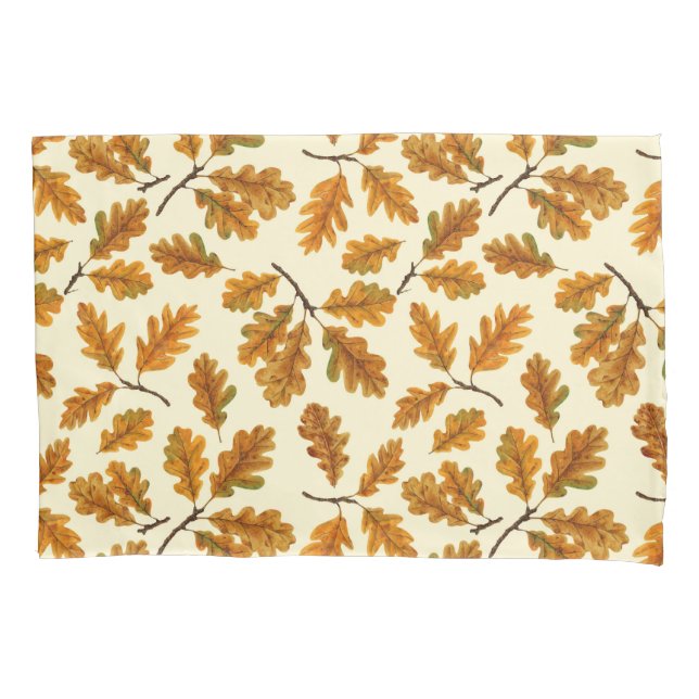 Autumnal oak leaves on off white pillowcase (Front-Left)