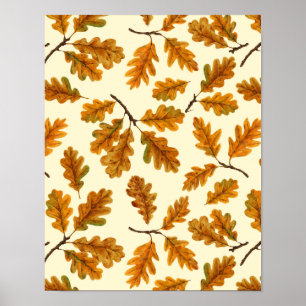 Autumnal oak leaves on off white poster