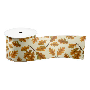 Autumnal oak leaves on off white satin ribbon