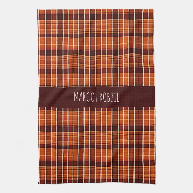 Autumnal Plaid Orange Brown Geometric Pattern Kitchen Towel (Vertical)