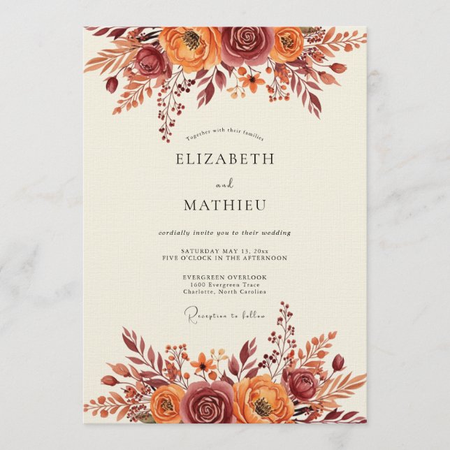 Autumnal Rust Floral Whimsy Wedding Invitation (Front)