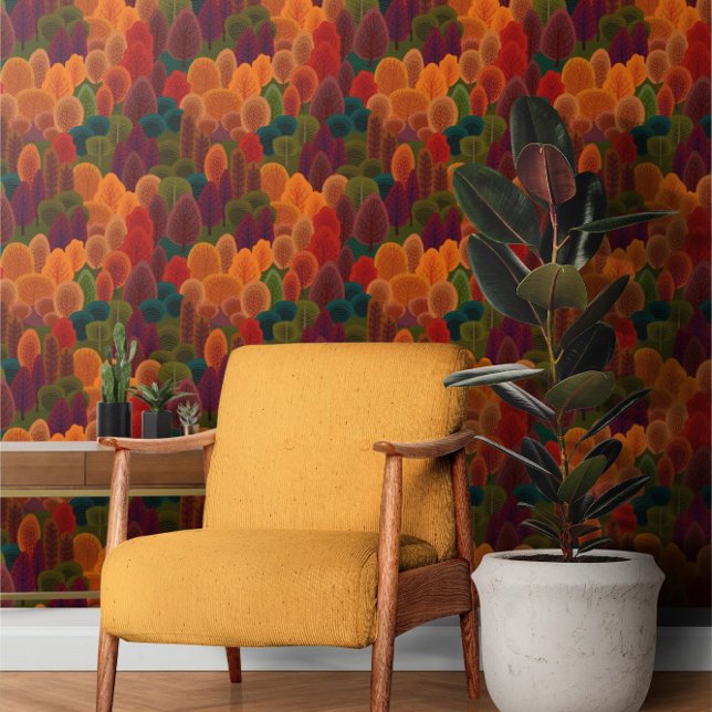 Autumnal Rusty Red Green and Orange Tree Pattern Wallpaper (Autumnal Rusty Red Green and Orange Tree Pattern Wallpaper from Ricaso. Stunning bold wall decor.)