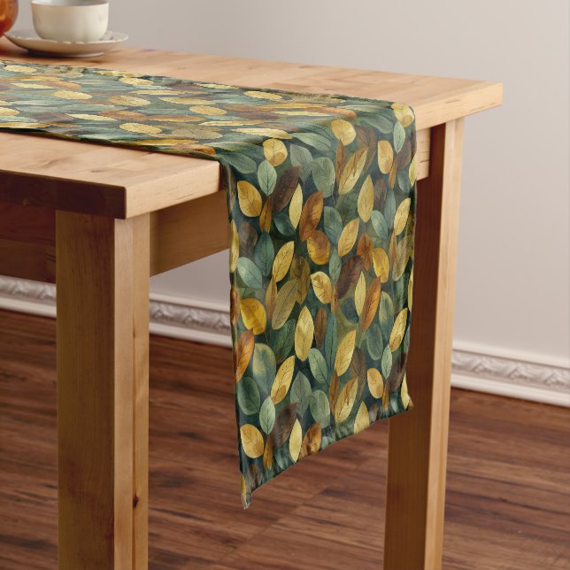 Autumnal sage orange yellow brown fall leaves short table runner (In Situ)