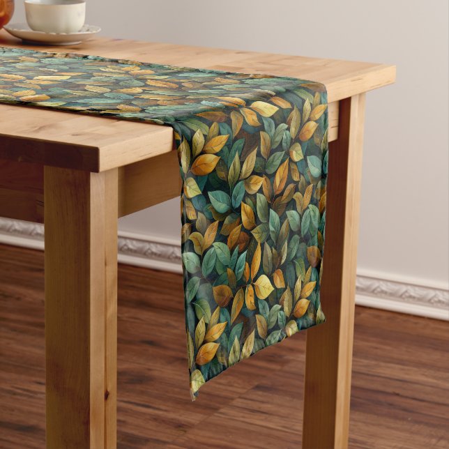 Autumnal sage orange yellow brown fall leaves short table runner (In Situ)