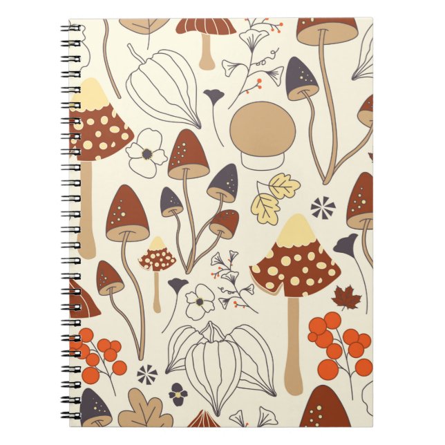 Autumnal seamless pattern with mushrooms, flowers, notebook (Front)