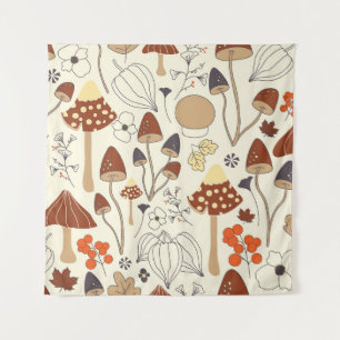 Autumnal seamless pattern with mushrooms, flowers, tapestry