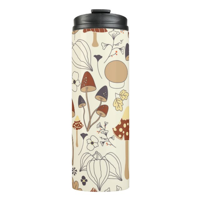 Autumnal seamless pattern with mushrooms, flowers, thermal tumbler (Front)