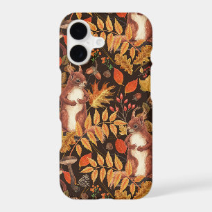 Autumnal squirrels and flora on dark brown