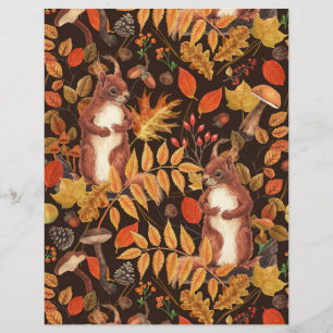 Autumnal squirrels and flora on dark brown