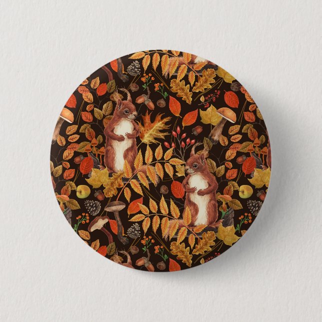 Autumnal squirrels and flora on dark brown 2 inch round button (Front)