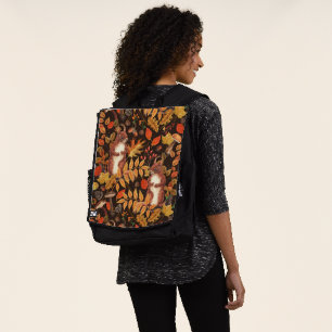Autumnal squirrels and flora on dark brown backpack