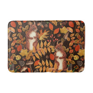 Autumnal squirrels and flora on dark brown bath mat