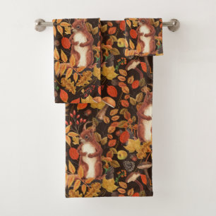 Autumnal squirrels and flora on dark brown bath towel set