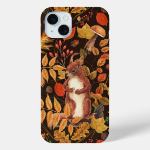 Autumnal squirrels and flora on dark brown iPhone 15 mini case