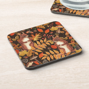Autumnal squirrels and flora on dark brown coaster