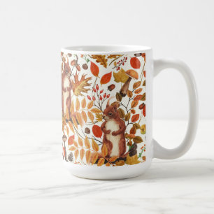 Autumnal squirrels and flora on dark brown coffee mug