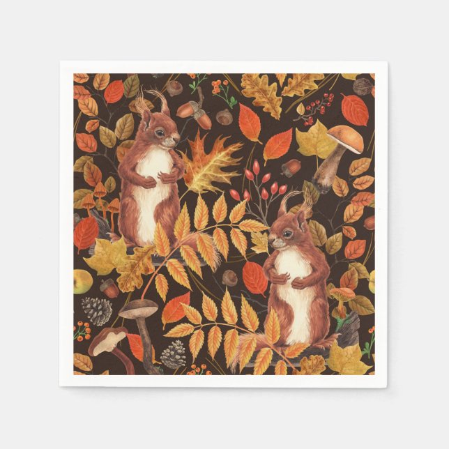 Autumnal squirrels and flora on dark brown napkin (Front)