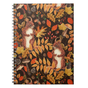 Autumnal squirrels and flora on dark brown notebook