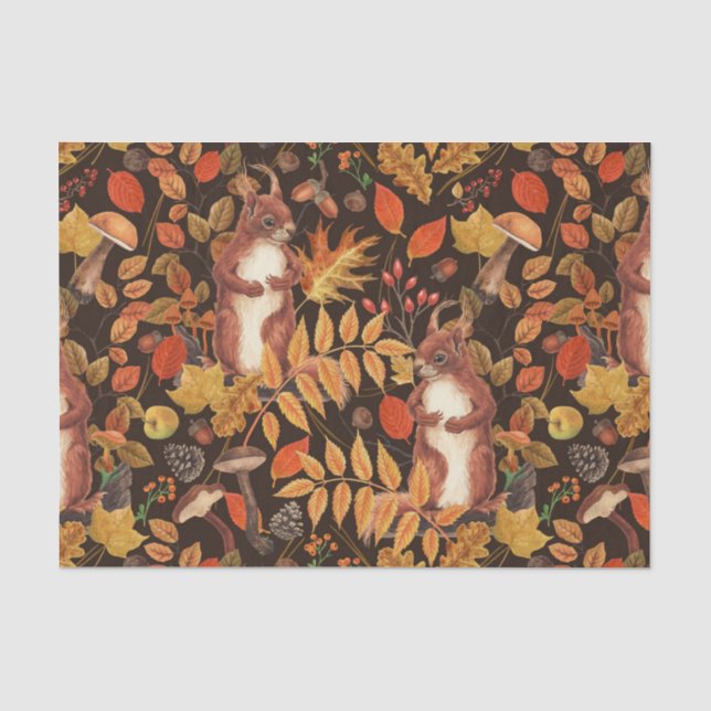Autumnal squirrels and flora on dark brown tissue paper (Front)