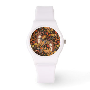 Autumnal squirrels and flora on dark brown watch