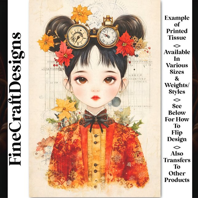 Autumnal Steampunk Asian Woman BJ3 Decoupage Tissue Paper (Creator Uploaded)