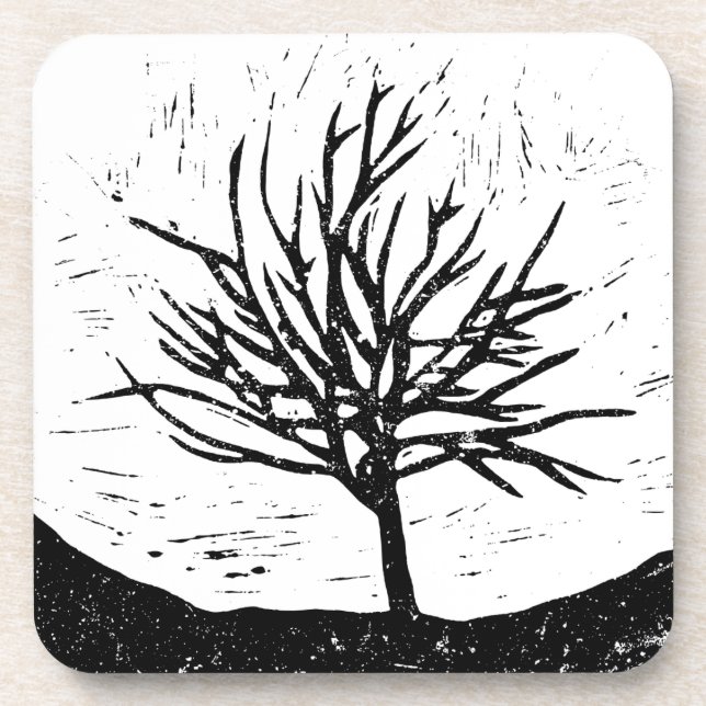 Autumnal Tree Lino Print Coaster (Front)