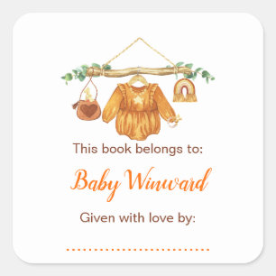AutumnFall Clothes Line Girl Baby Shower Bookplat Square Sticker