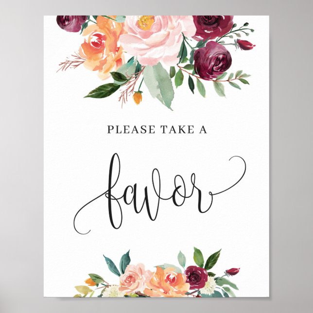 Autumns blush burgundy orange floral favor sign (Front)