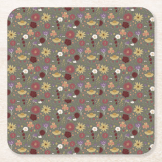 Autumn's Floral Embrace Green Background Square Paper Coaster