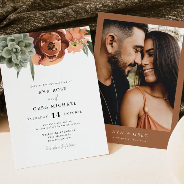 AVA Bohemian Terracotta Floral Succulent Wedding Invitation (Creator Uploaded)