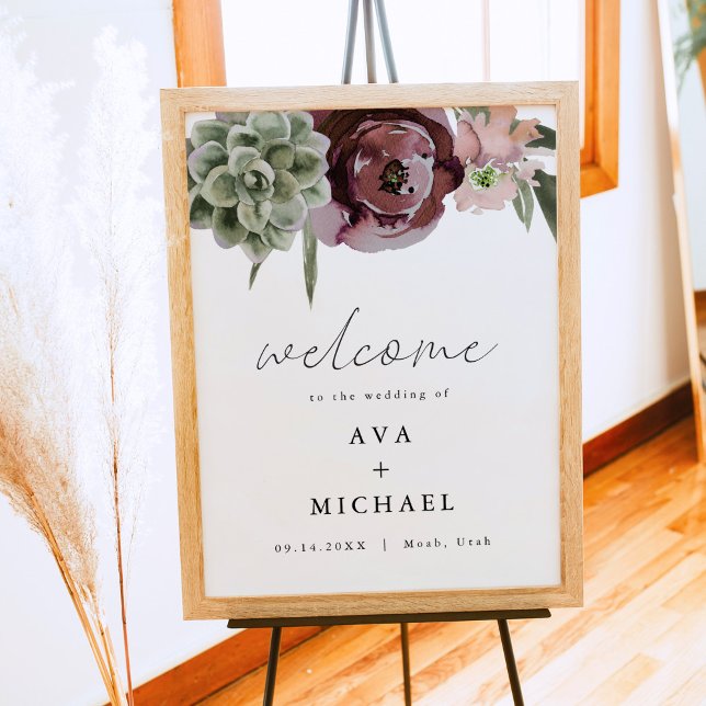 AVA Boho Burgundy Floral Succulent Wedding Welcome Poster (Creator Uploaded)
