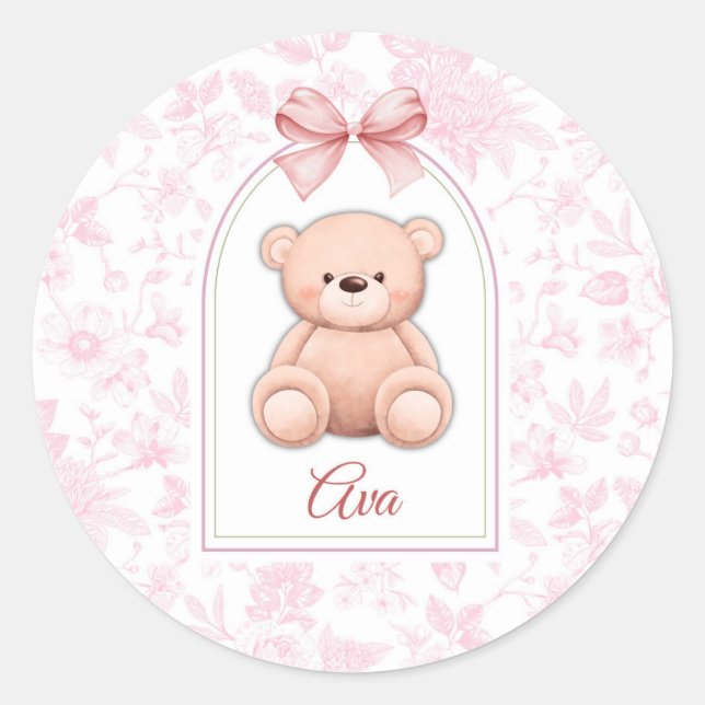 Ava | Custom Pink Teddy Bear Nursery Design  Classic Round Sticker (Front)