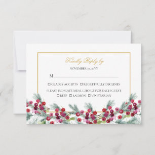 Ava Elegant Red Gold Christmas Meal Choice Wedding RSVP Card