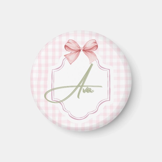 Ava Personalized Pink Bow & Gingham Print  Magnet (Front)
