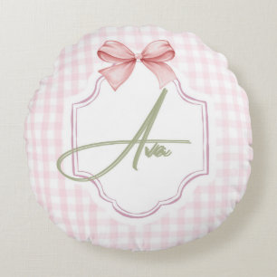 Ava Personalized Pink Bow & Gingham Print Round Pillow