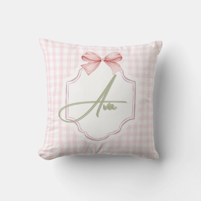 Ava Personalized Pink Bow & Gingham Print  Throw Pillow (Front)