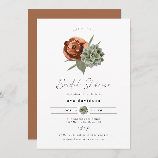 AVA Terracotta Floral Succulent Fall Bridal Shower Invitation (Front/Back)