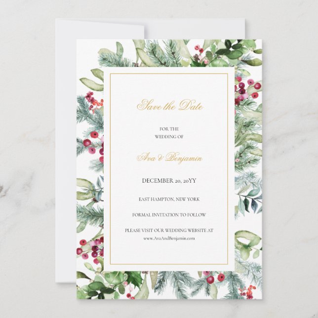 Ava Winter Greenery Berries Christian Wedding Save The Date (Front)