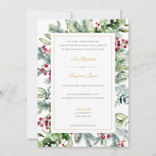 Ava Winter Greenery Wedding Invitation with RSVP (Front)