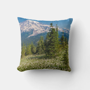 Avalanche lilies and Mount Rainier Throw Pillow