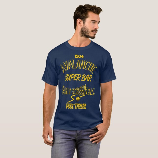 Avalanche Super Bar Marquette - Gold on Blue T-Shirt (Front Full)