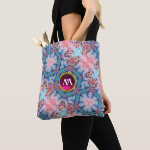 AVALON  MAGIC ABSTRACT AQUA BLUE PINK GEM MONOGRAM TOTE BAG
