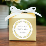 Avalon Yellow Wildflowers Circle Wedding Favour Classic Round Sticker<br><div class="desc">These beautiful, elegant wedding favour stickers feature a watercolor painted floral frame in butter yellow, golden yellow, and sage green. Easy to personalize for your special day! Please note: the default for this design is the 3 inch size for a reason. The text will be harder to read on the...</div>