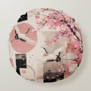 Avant-Garde Sakura & Cranes Harmony Round Pillow