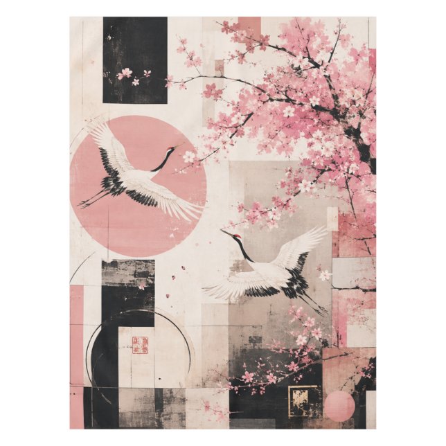 Avant-Garde Sakura & Cranes Harmony Tablecloth (Front)